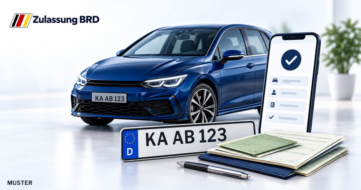 Online Fahrzeugzulassung in Philippsburg: Musterkennzeichen KA AB 123, Auto und Fahrzeugpapiere und Smartphone. Illustration mit Logo von Zulassung BRD.